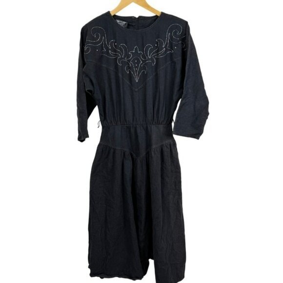 PG‎ Collections Western Style Black Denim Dress with White Embroidery Size 10 - Picture 3 of 14